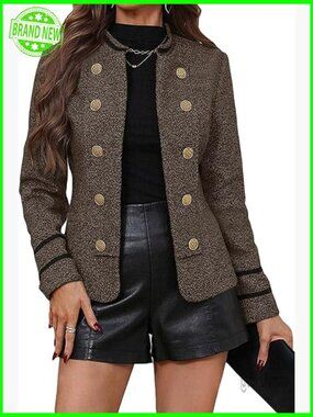 Open Front Tweed Blazer Jacket - Slim Fit Double-Breasted Stand Collar Work Coat